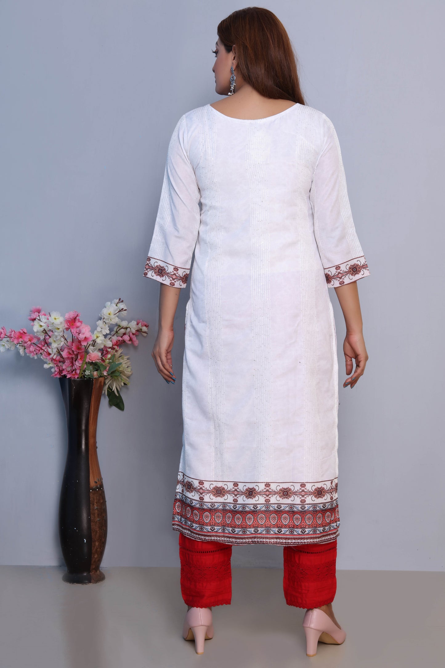 White Embroidered Dress with Red Dupatta