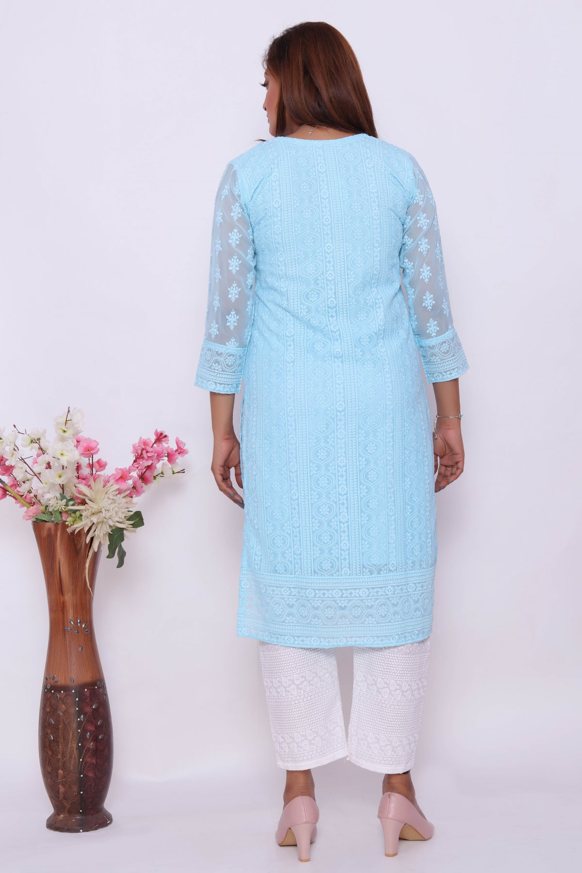 Light Blue Embroidered Dress with White Pants