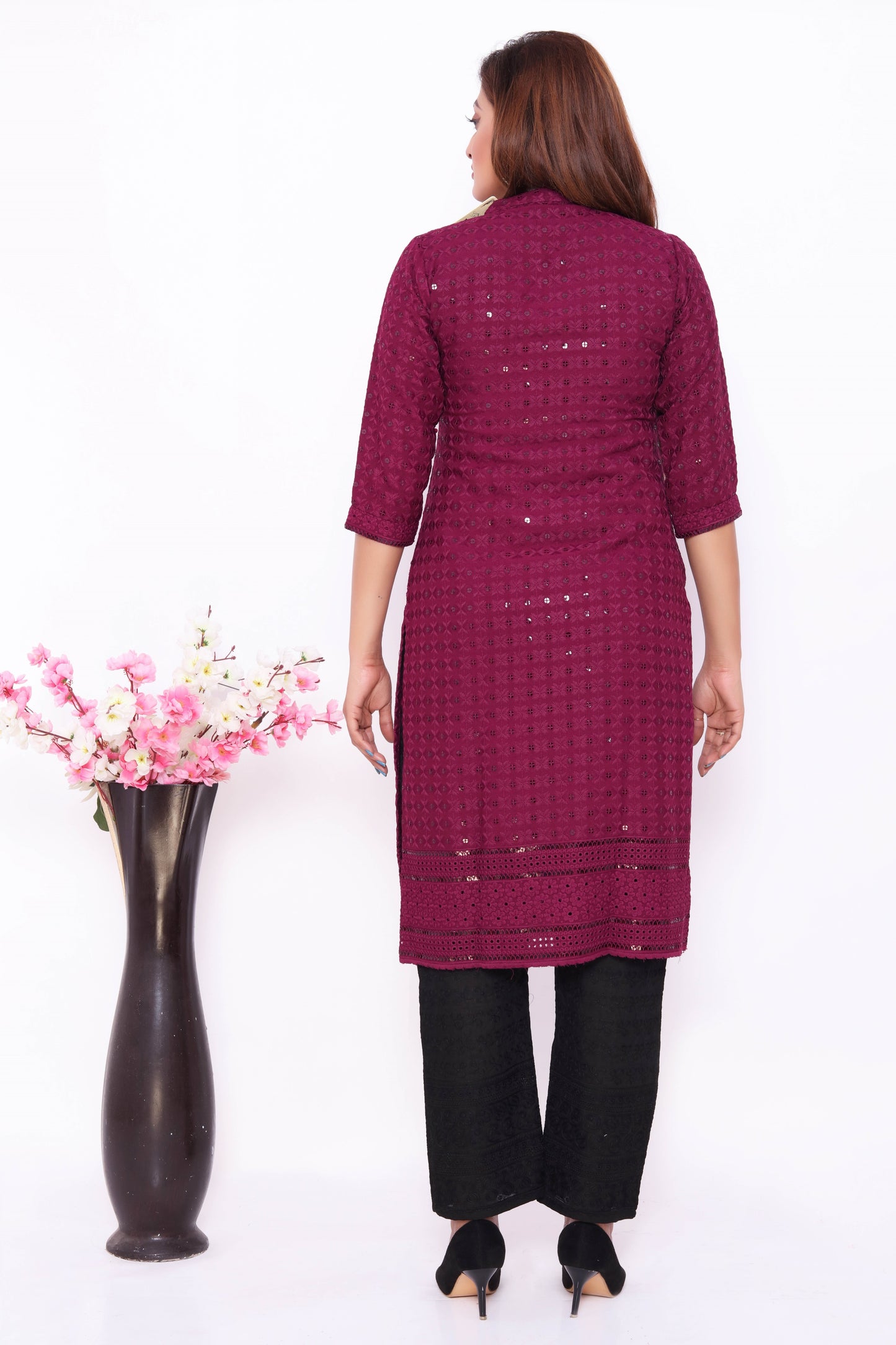 Deep Purple Embroidered Dress with Black Pants