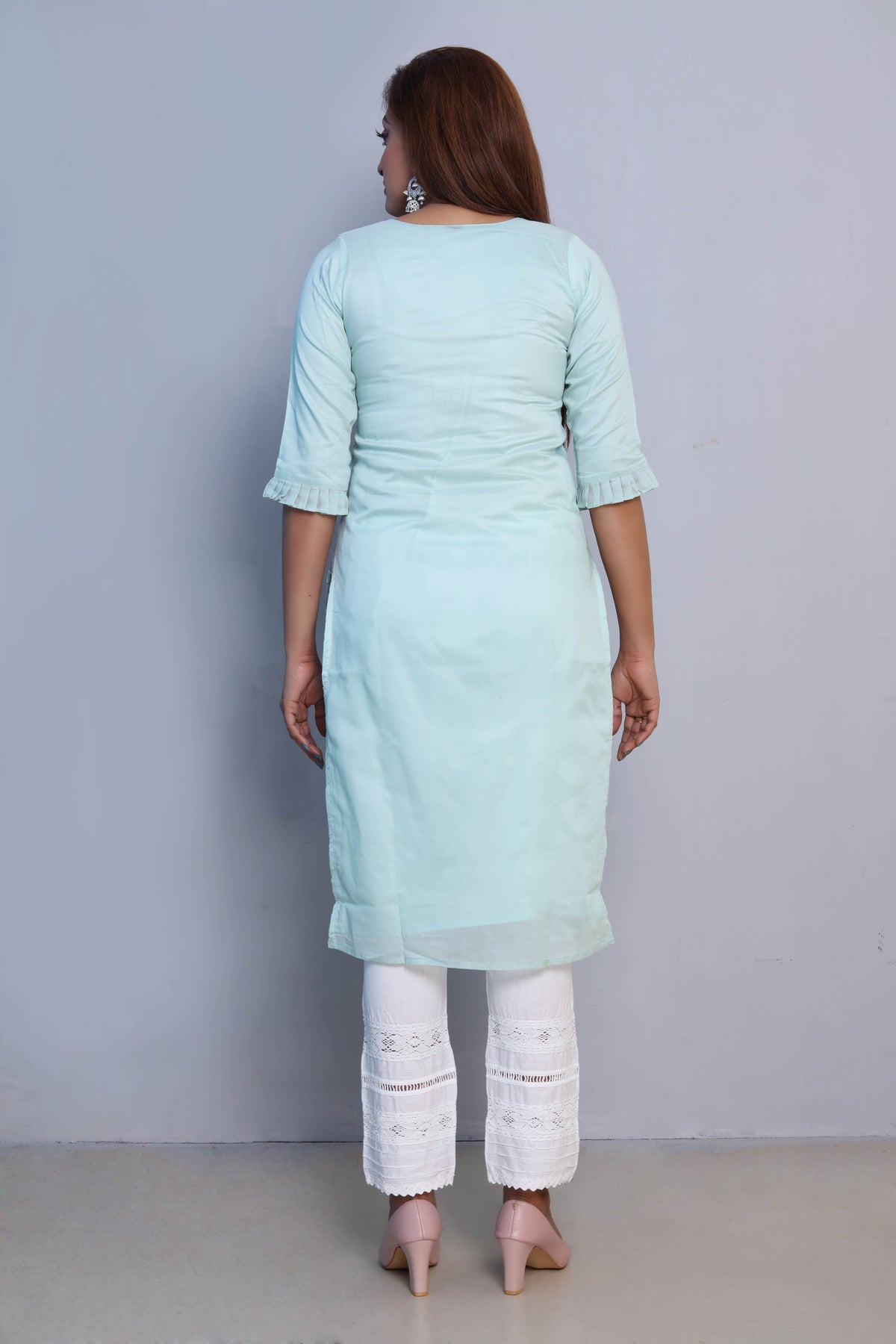 Mint Blue Embroidered Dress with White Dupatta and Pants