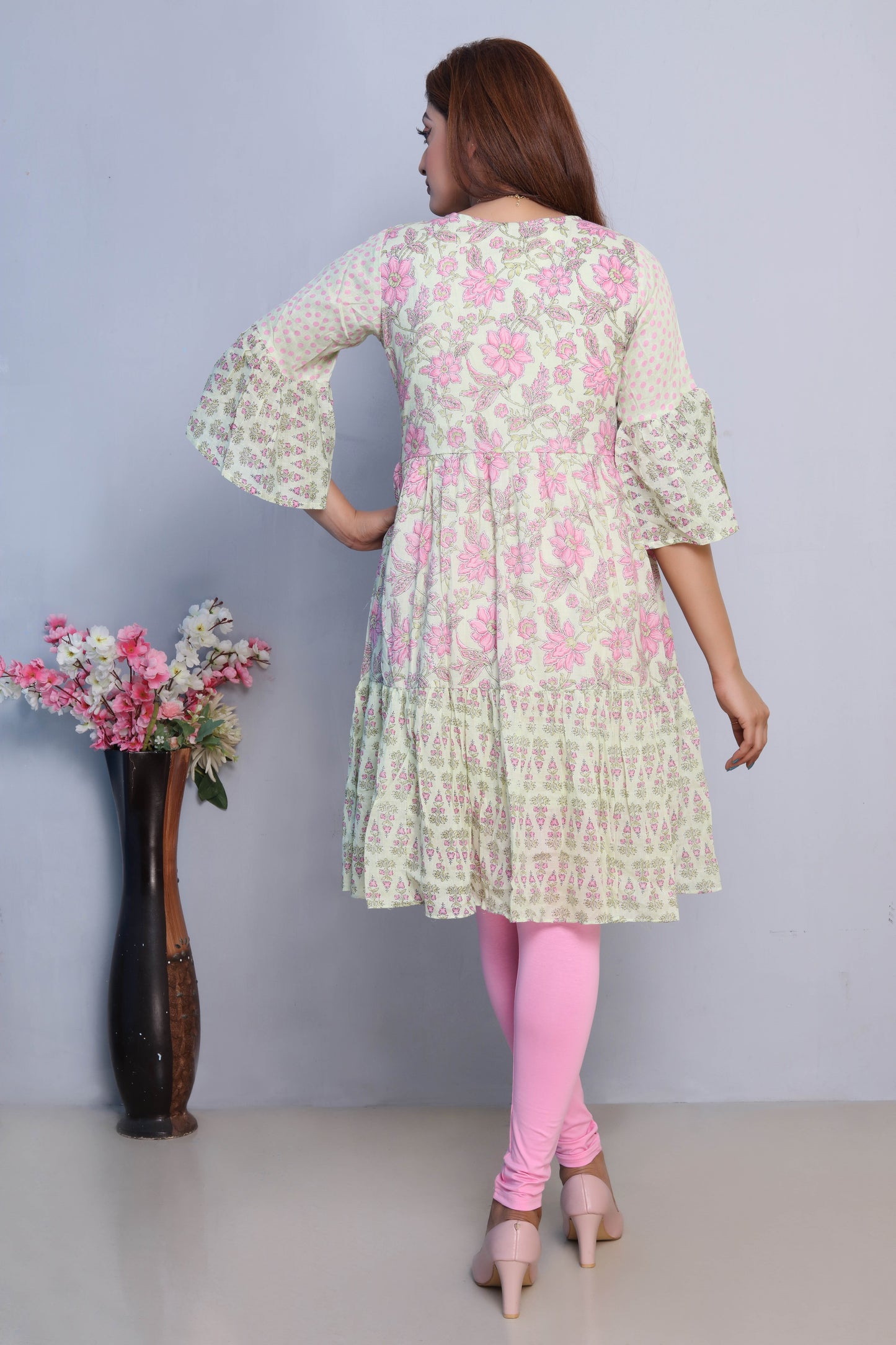 Floral Print Green Dress with Pink Leggings