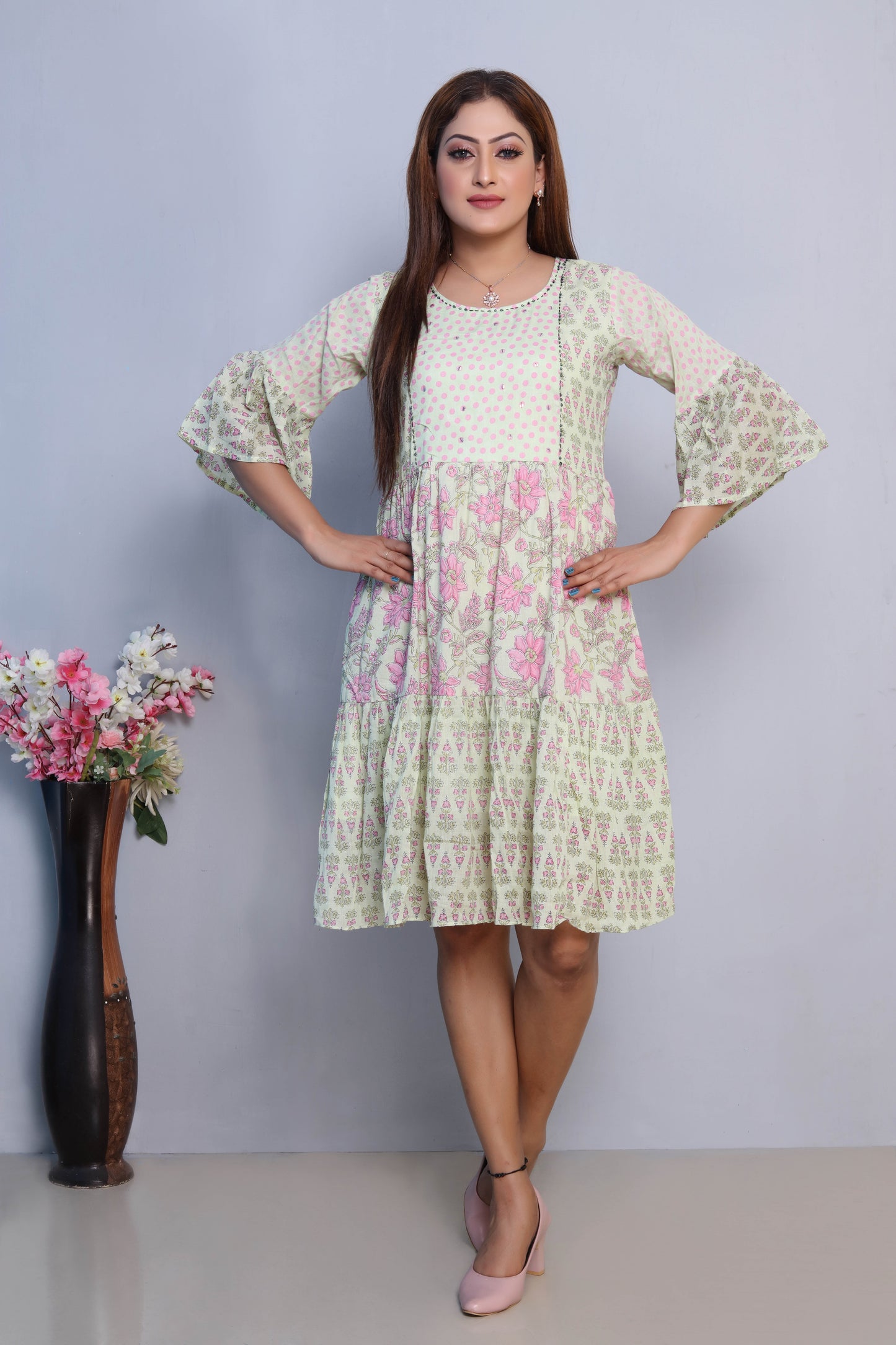 Floral Print Green Dress with Pink Leggings