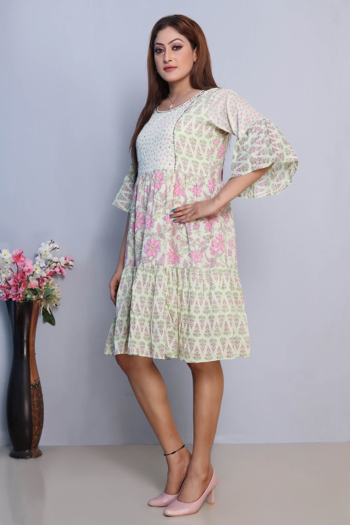 Floral Print Green Dress with Pink Leggings