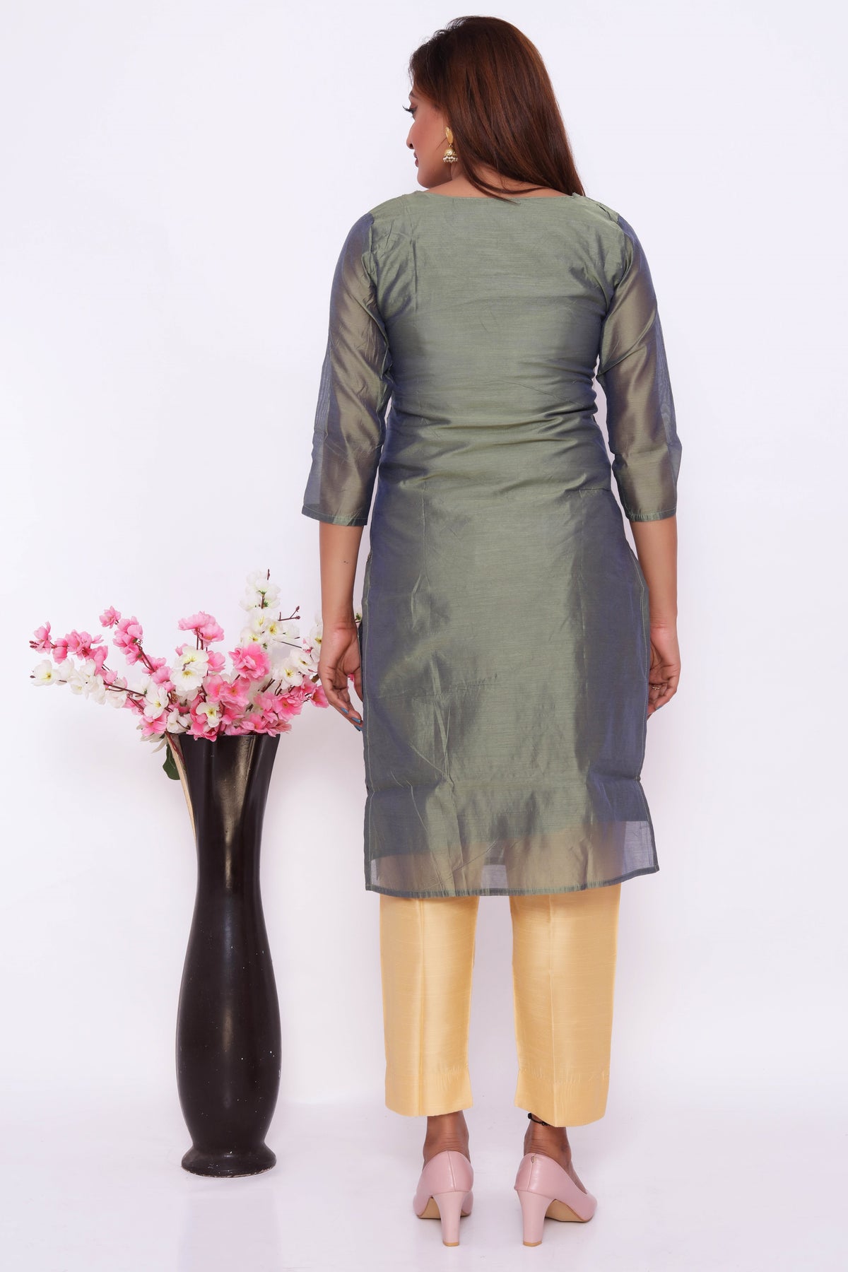 Olive Green Embroidered Dress with Golden Dupatta and Pants