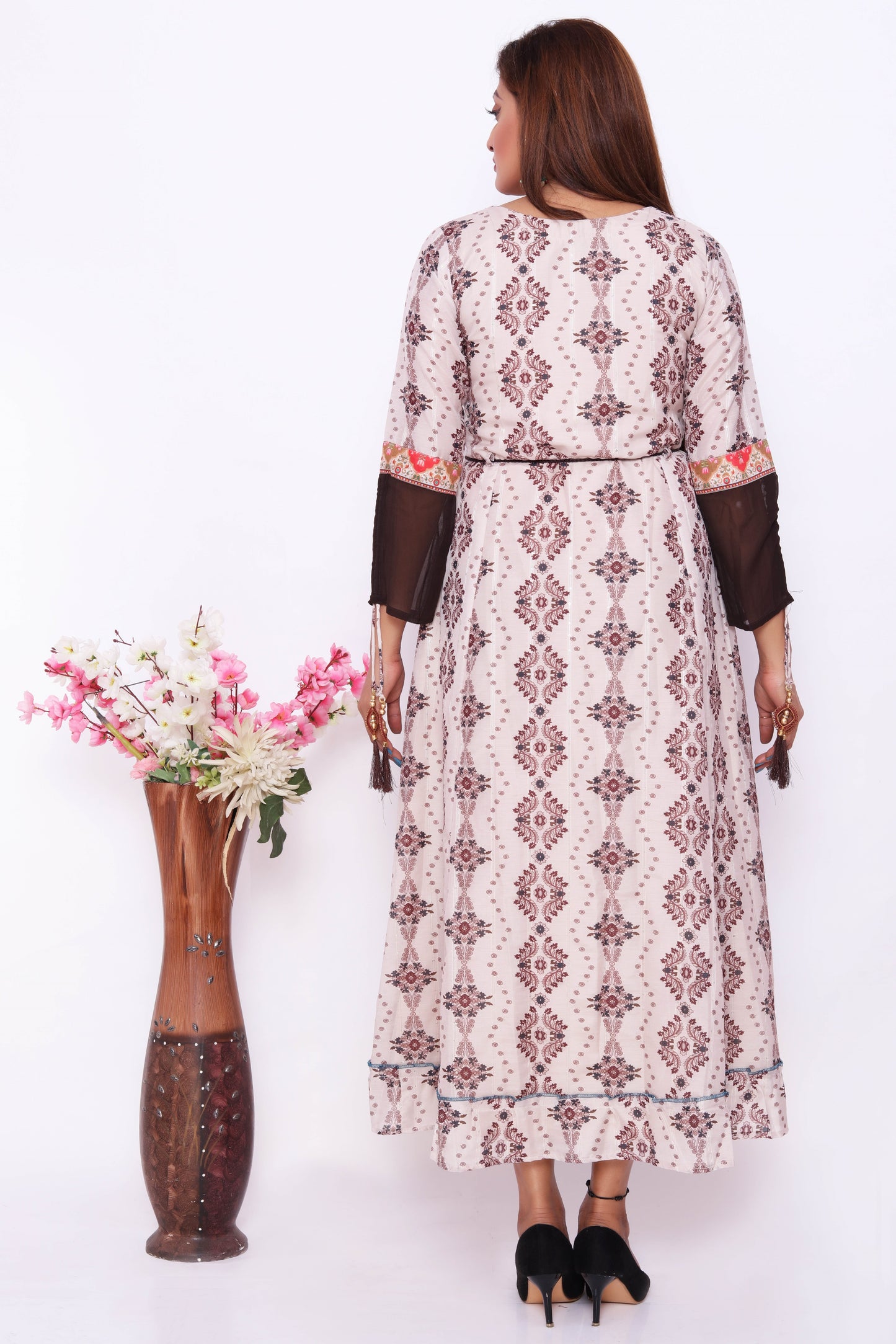 White Floral Printed Maxi Dress with Colorful Embroidery
