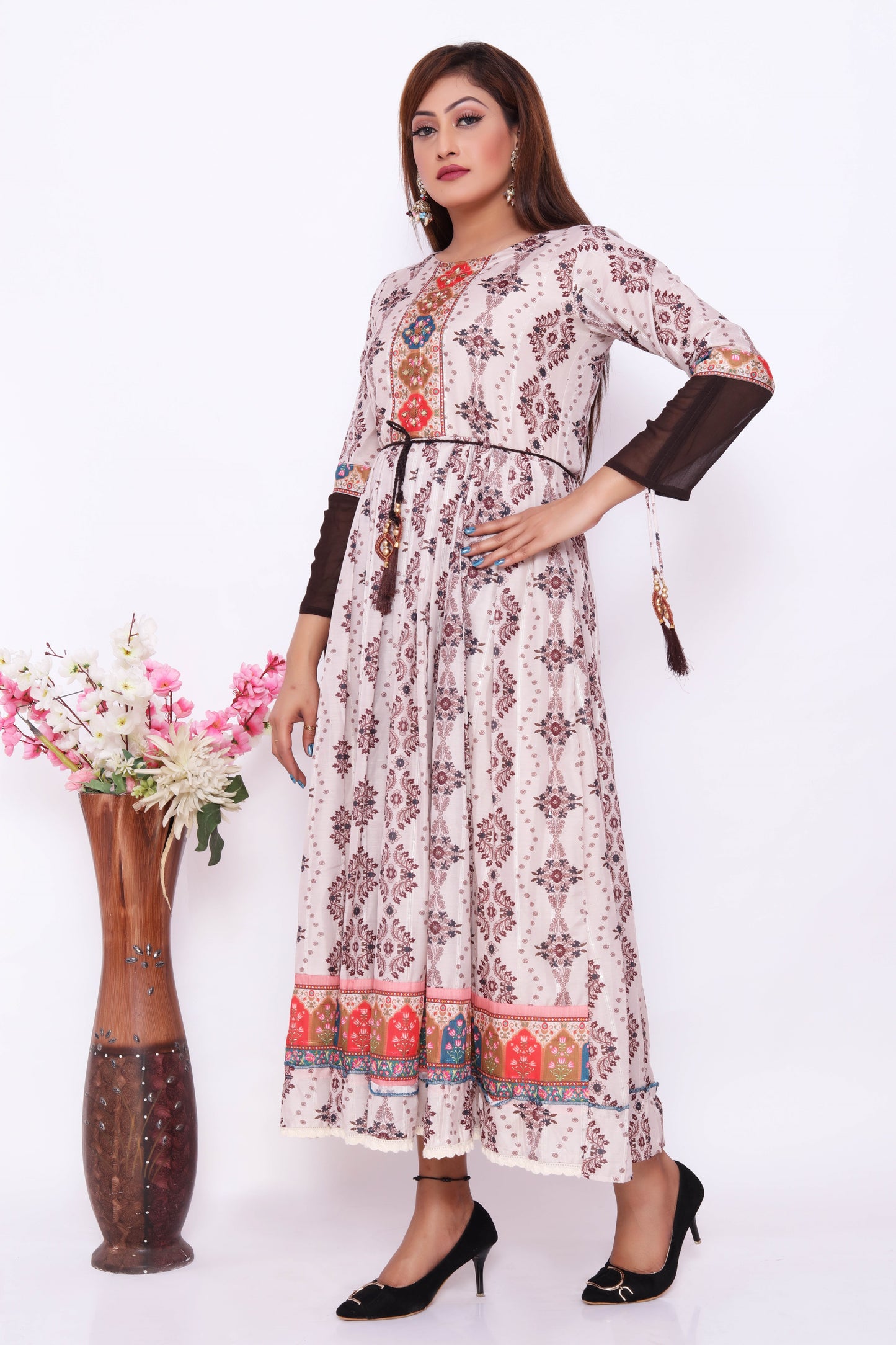 White Floral Printed Maxi Dress with Colorful Embroidery