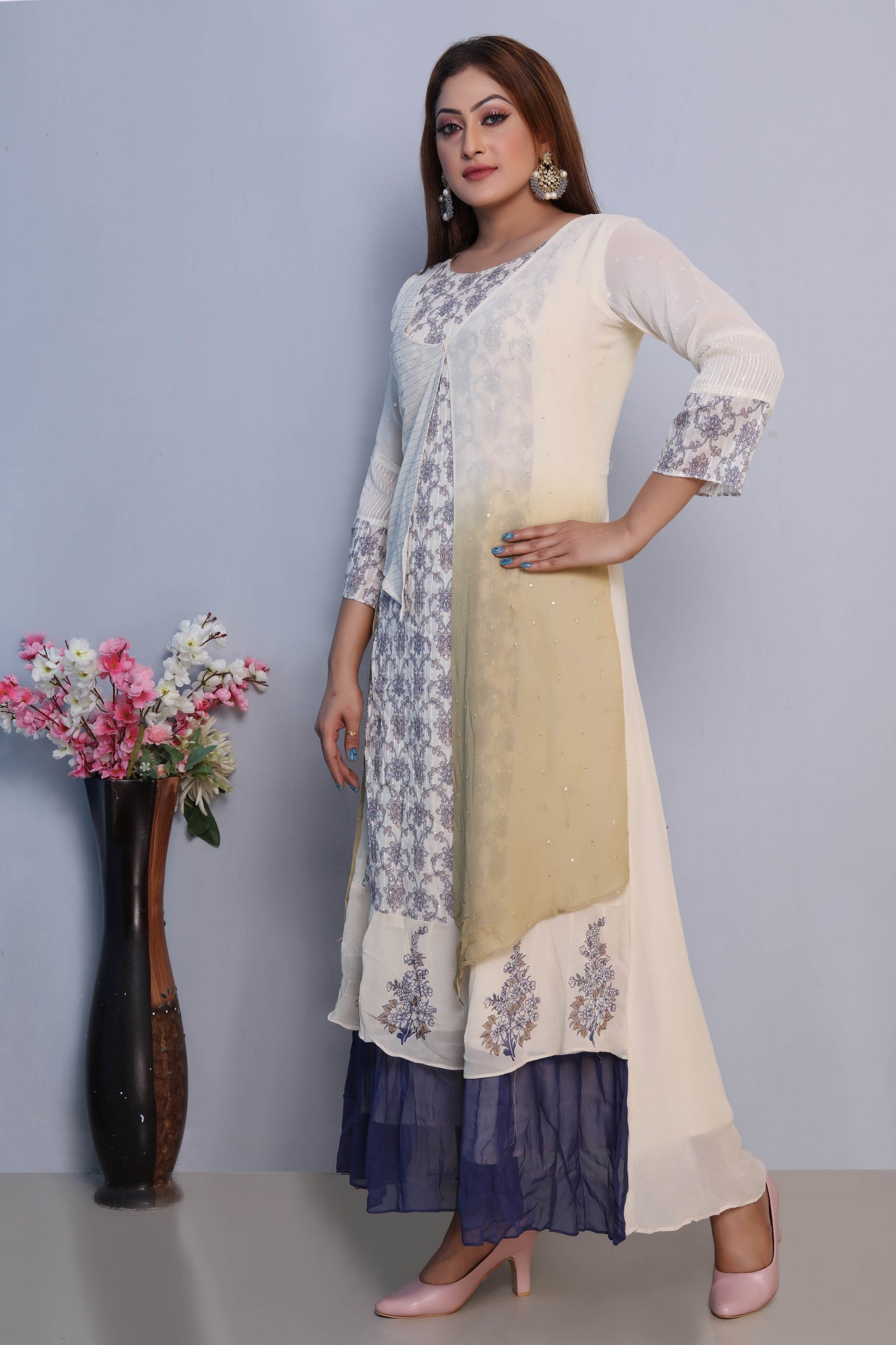 White and Blue Layered Maxi Dress with Floral Print