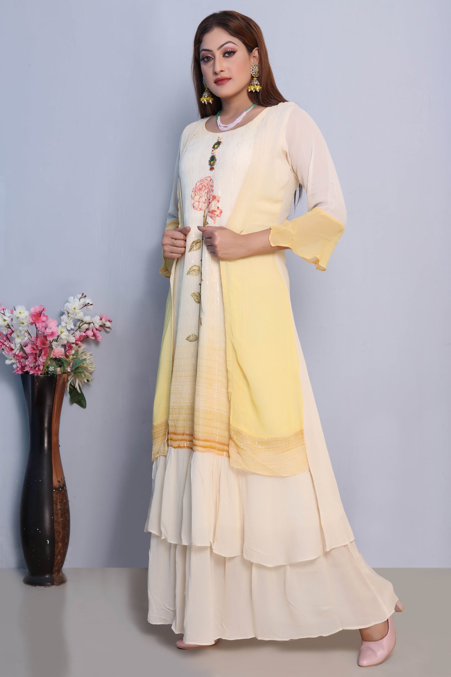 Yellow and Cream Layered Maxi Dress with Floral Embroidery