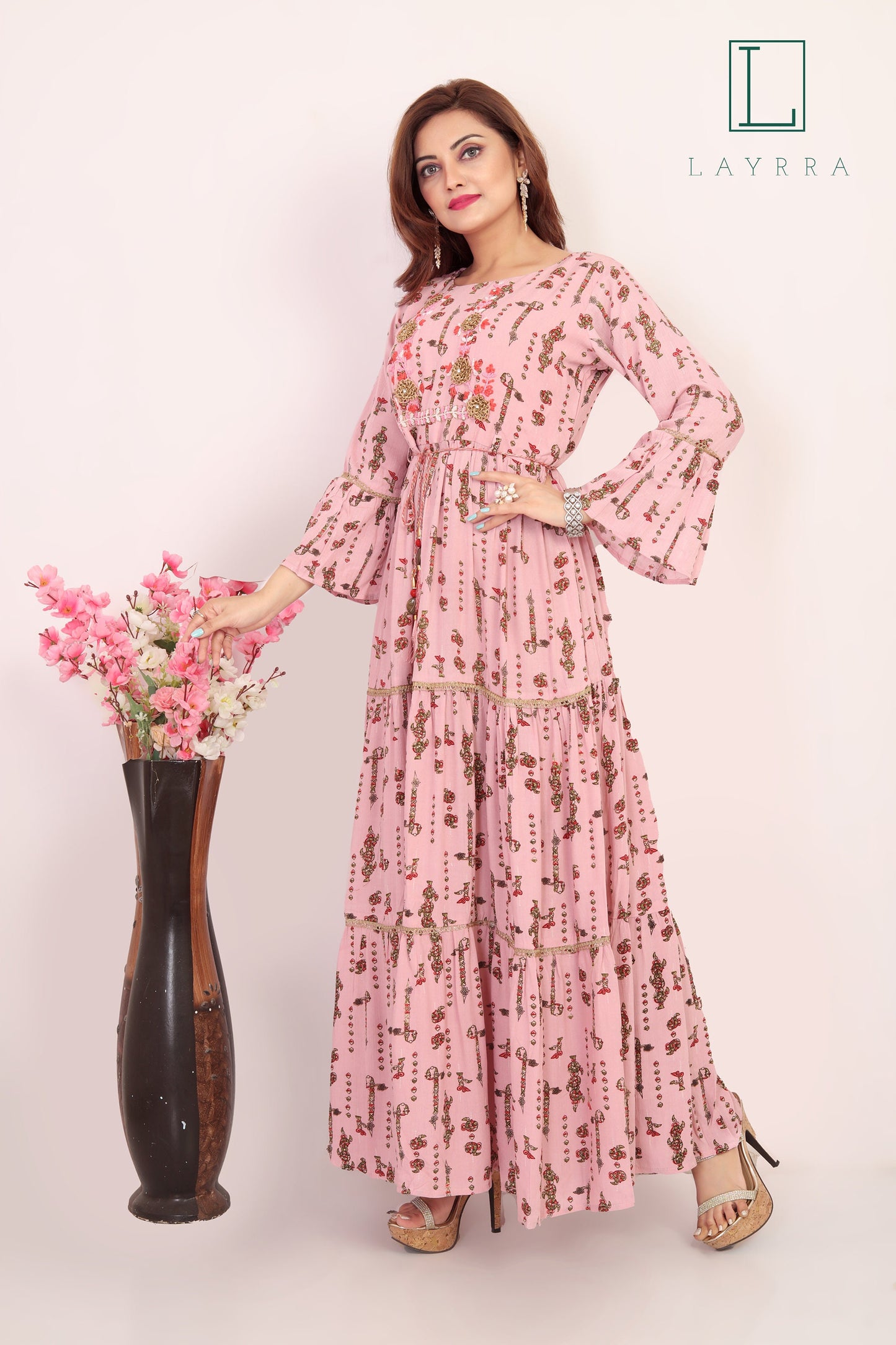 Women Light Pink Ethnic Embroidered Anarkali Kurta with Latkan - Complete Set