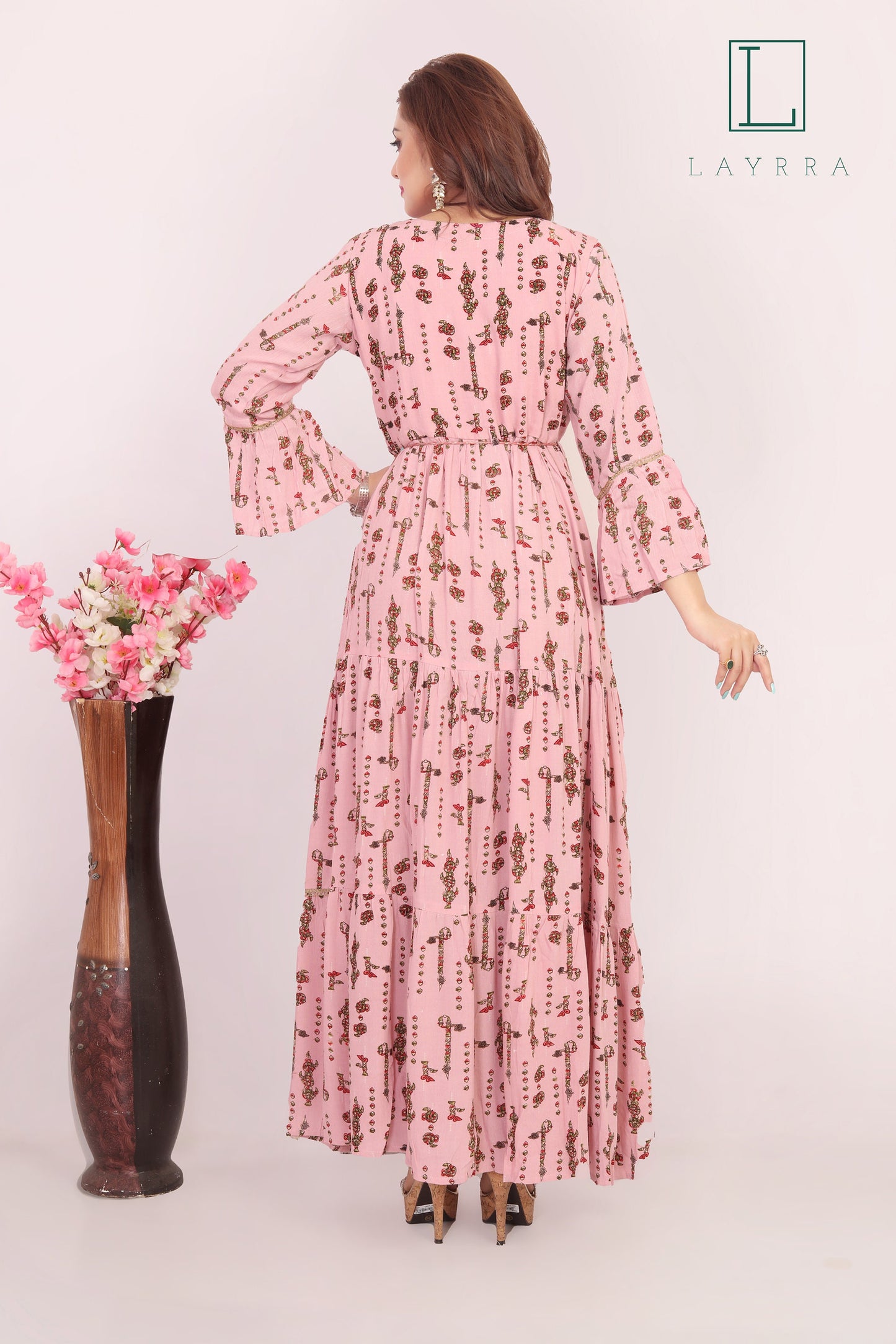 Women Light Pink Ethnic Embroidered Anarkali Kurta with Latkan - Complete Set