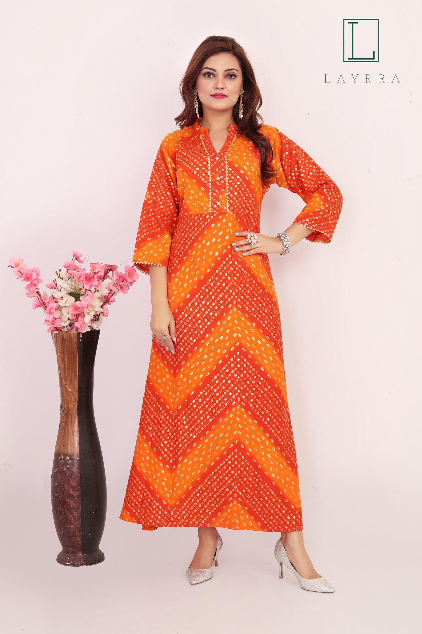 Women Portland Orange Ethnic Bandhani Print Kurta