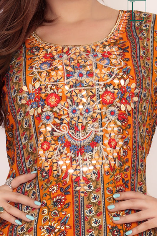 Women Orange & Brown Ethnic Floral Embroidered Mirror work Kurta with Trousers