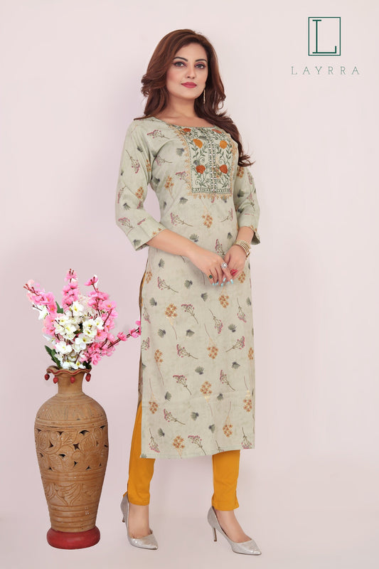 Women Tea Green Ethnic Floral Print Embroidered Mirror work Kurta with Trousers