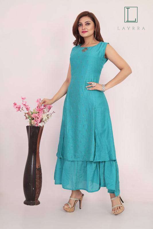Women Turquoise Ethnic Motifs Zari work Anarkali Kurta - Complete Set