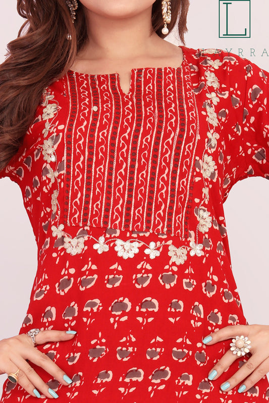 Women Red Ethnic Motifs Print Floral Embroidered Kurta with Palazzos - Complete Set