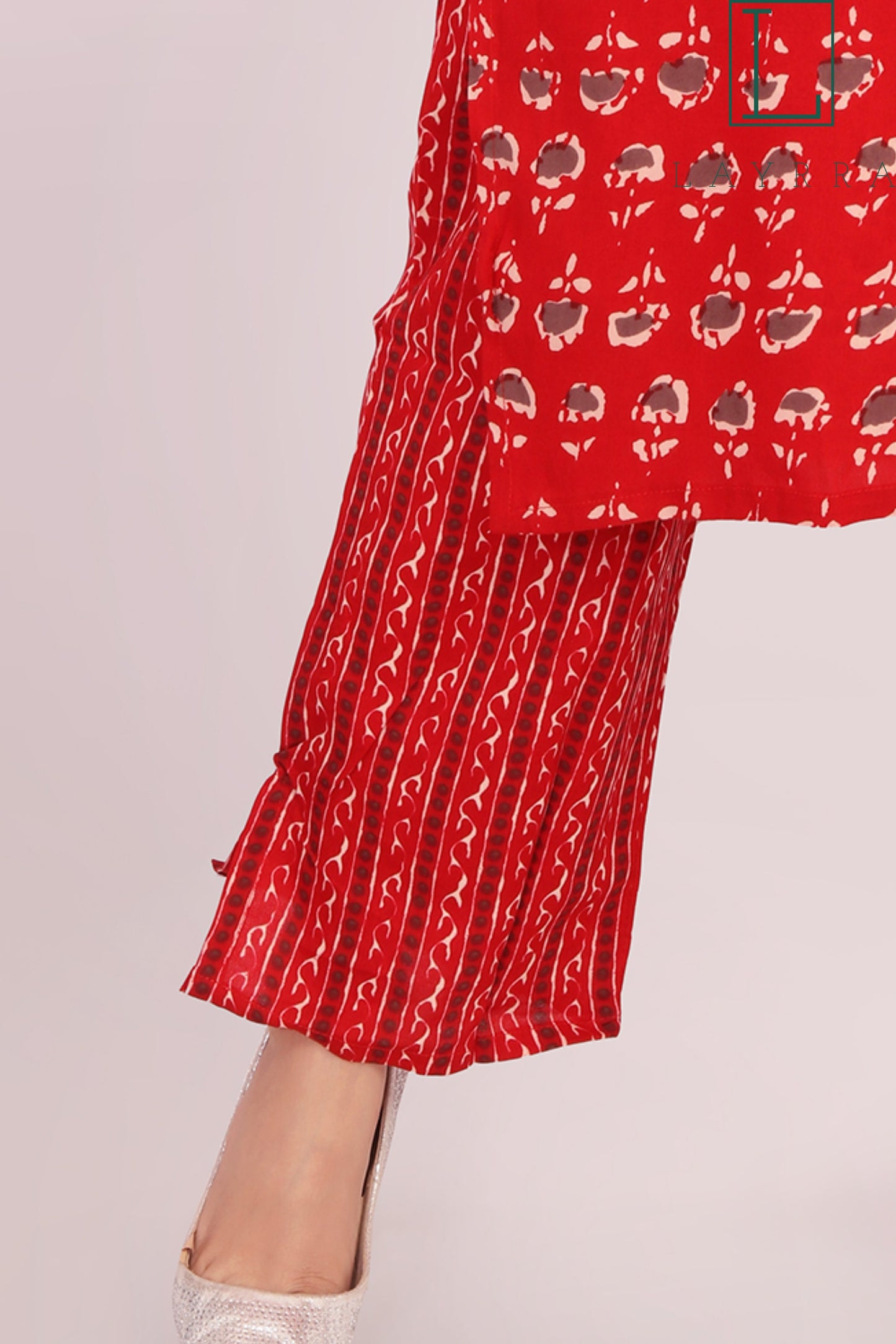 Women Red Ethnic Motifs Print Floral Embroidered Kurta with Palazzos - Complete Set