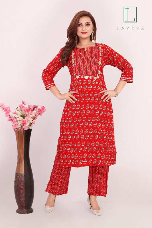 Women Red Ethnic Motifs Print Floral Embroidered Kurta with Palazzos - Complete Set