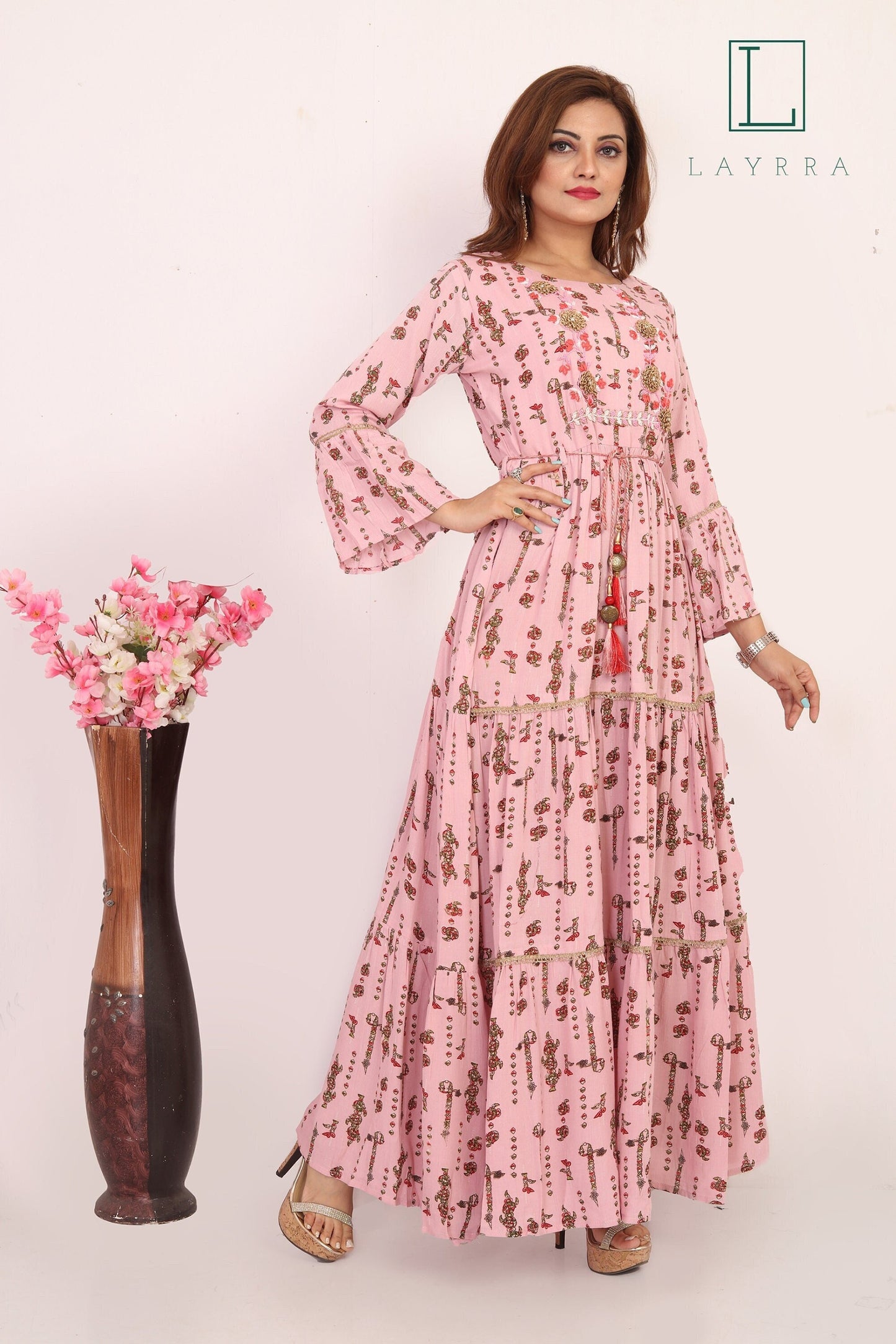 Women Light Pink Ethnic Embroidered Anarkali Kurta with Latkan - Complete Set