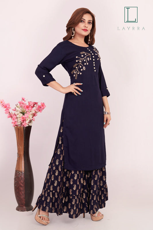 Women Navy Blue & Gold Ethnic Embroidered Kurta with Gold Motifs Print Palazzos - Complete Set