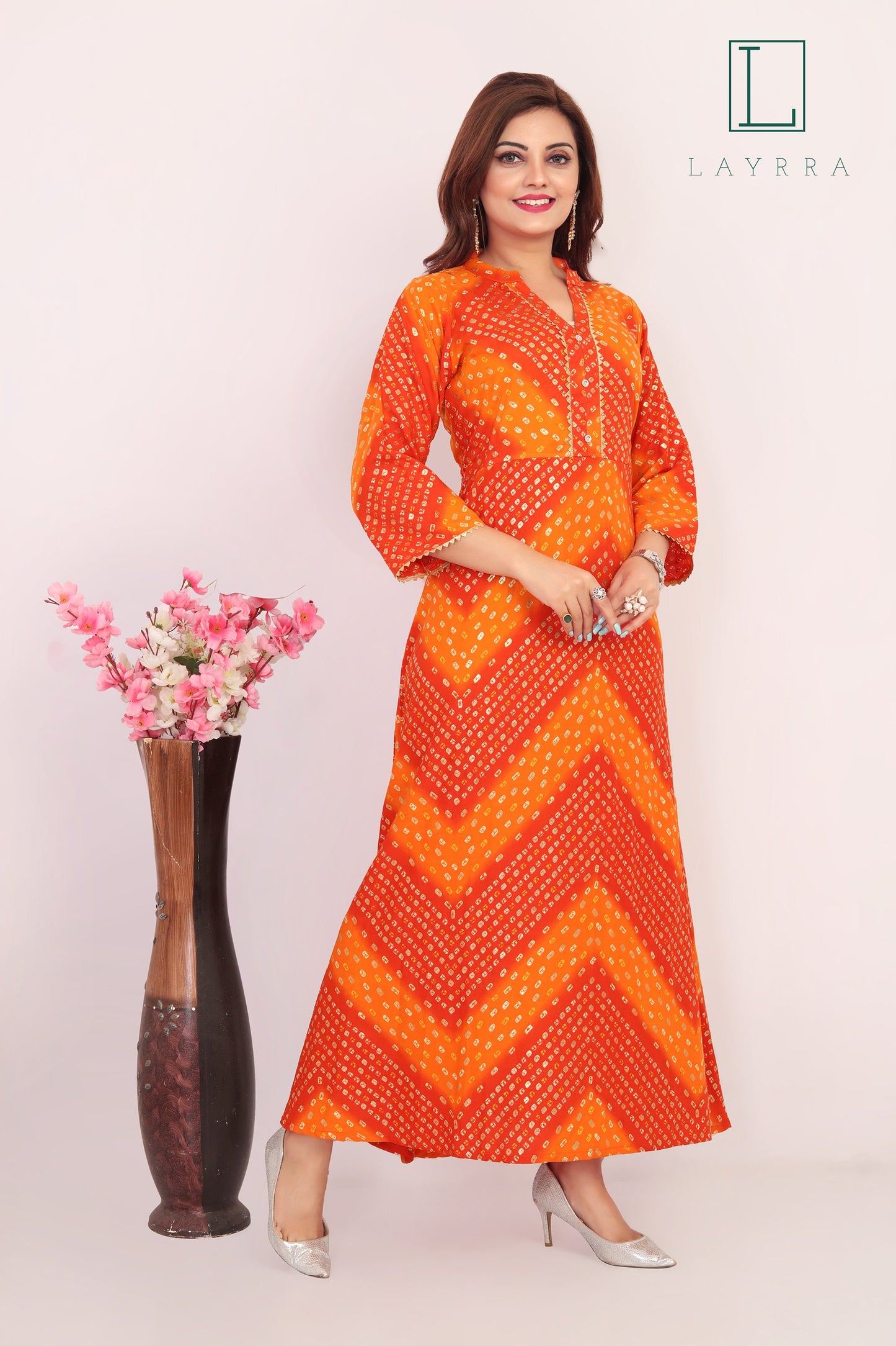 Women Portland Orange Ethnic Bandhani Print Kurta