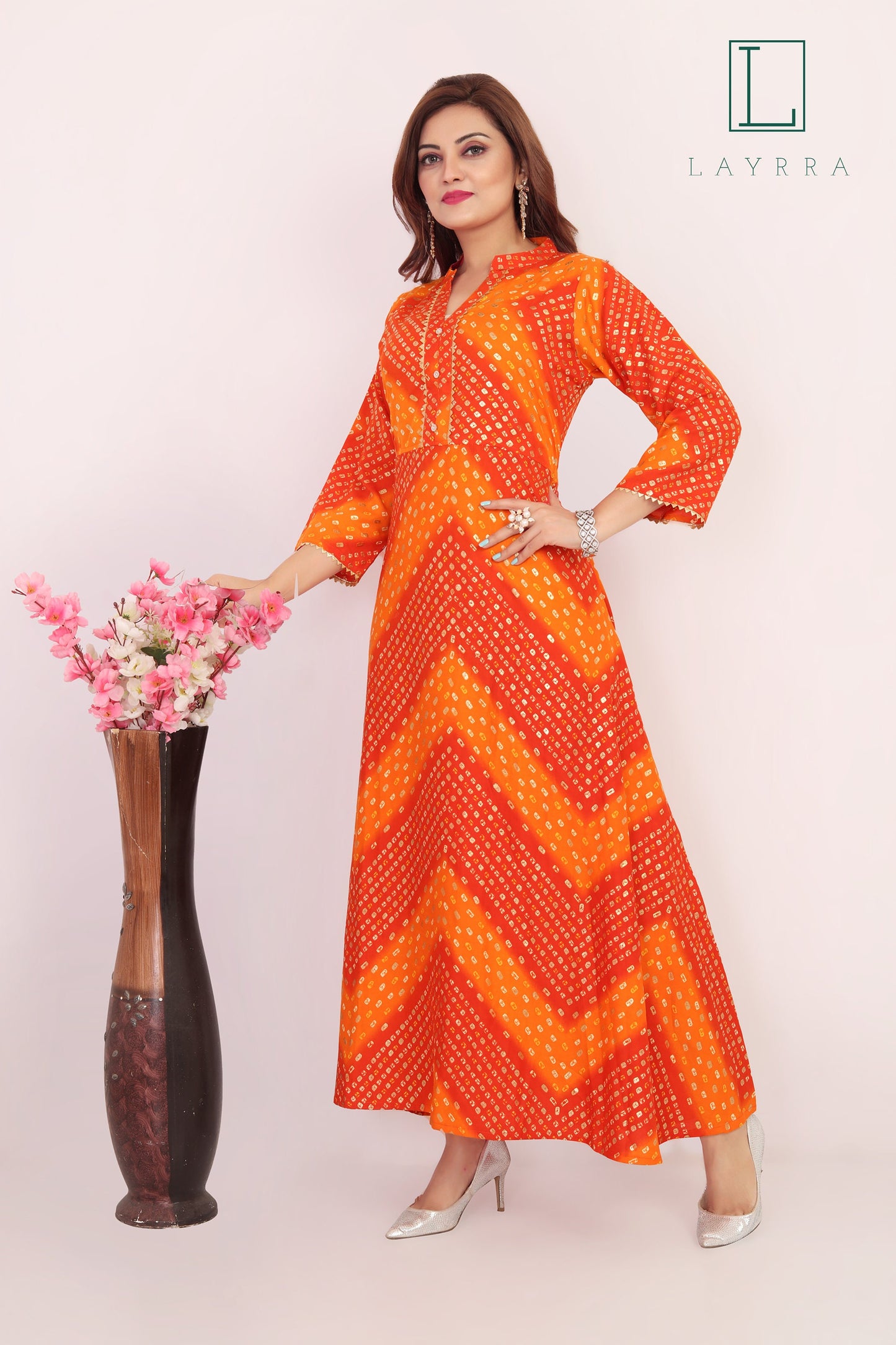 Women Portland Orange Ethnic Bandhani Print Kurta