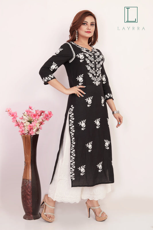 Women Black and White Ethnic Floral Embroidered Kurta with Palazzos - Complete Set