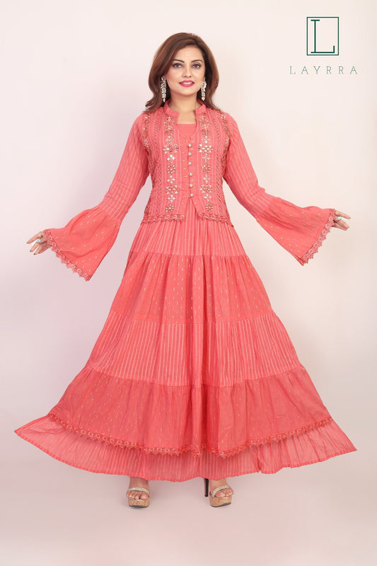 Women Pink Ethnic Koti Style Embroidered Anarkali Kurta - Complete Set