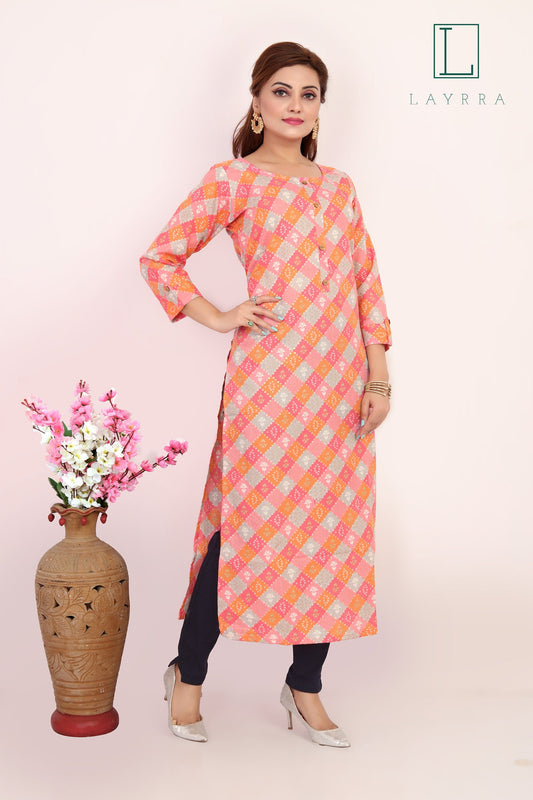 Women Pink Ethnic Diamond Checkered Floral Print Kurta with Trousers