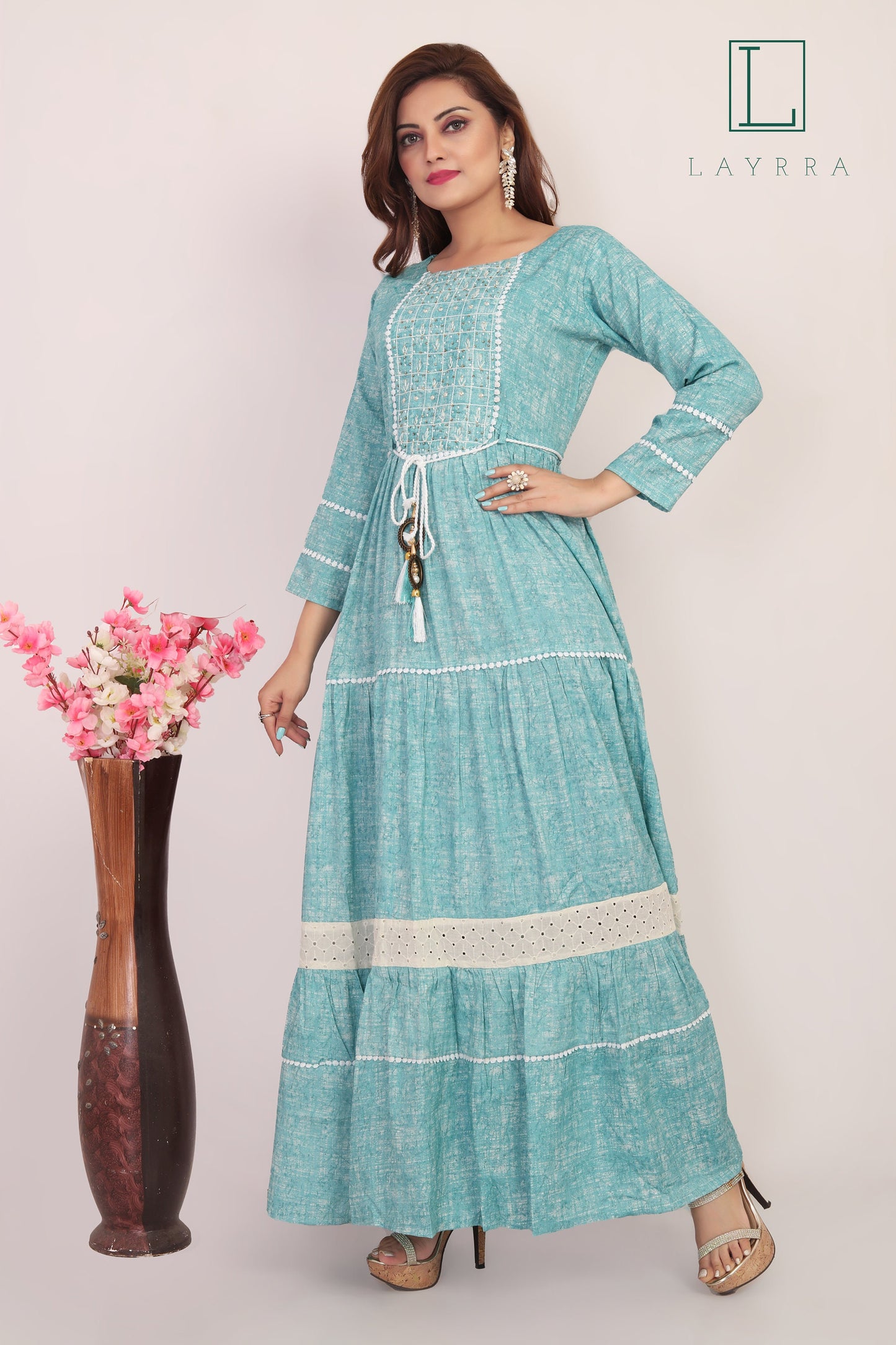 Women Water Leaf Green Ethnic Embroidered Anarkali Kurta with Latkan - Complete Set