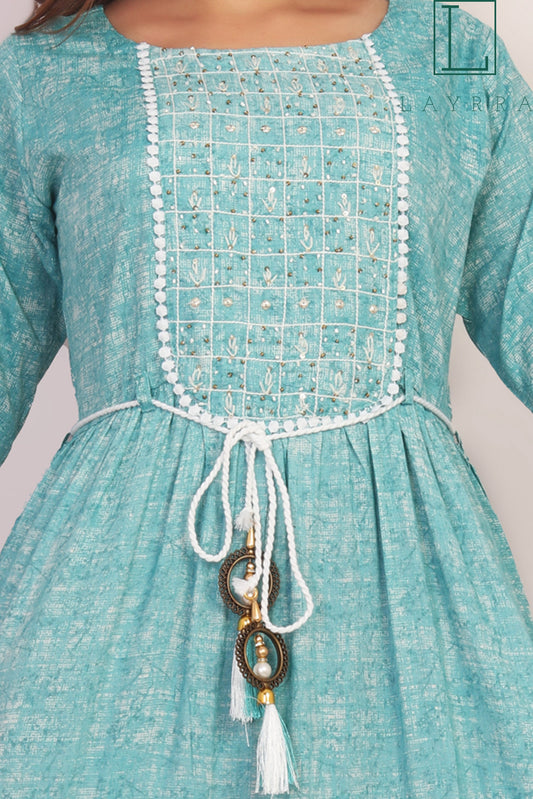 Women Water Leaf Green Ethnic Embroidered Anarkali Kurta with Latkan - Complete Set