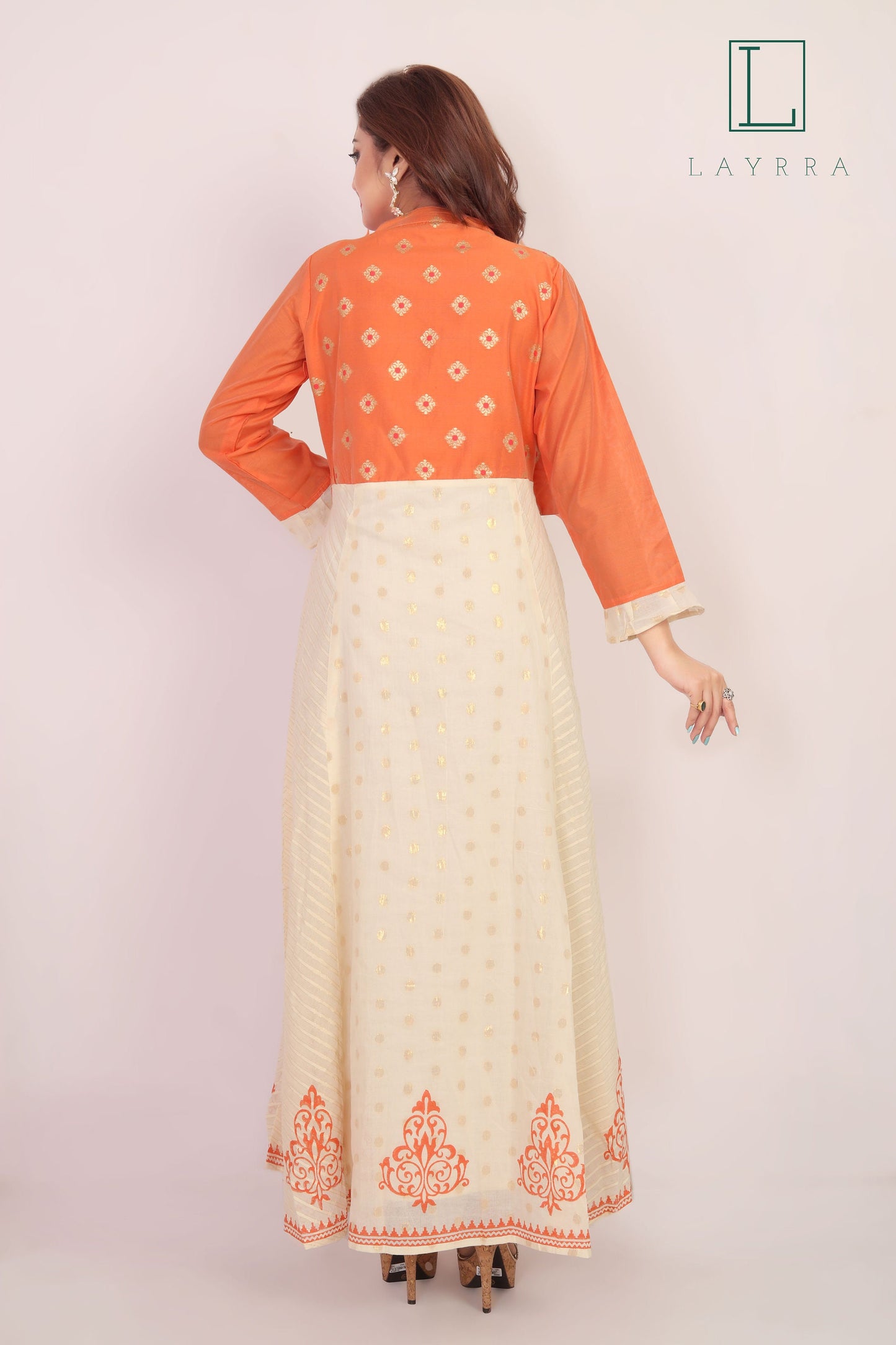 Women Peach & White Golden Ethnic Motifs Print Koti Style Embroidered Anarkali Kurta - Complete Set
