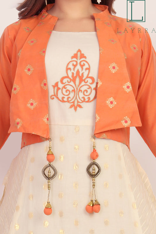Women Peach & White Golden Ethnic Motifs Print Koti Style Embroidered Anarkali Kurta - Complete Set