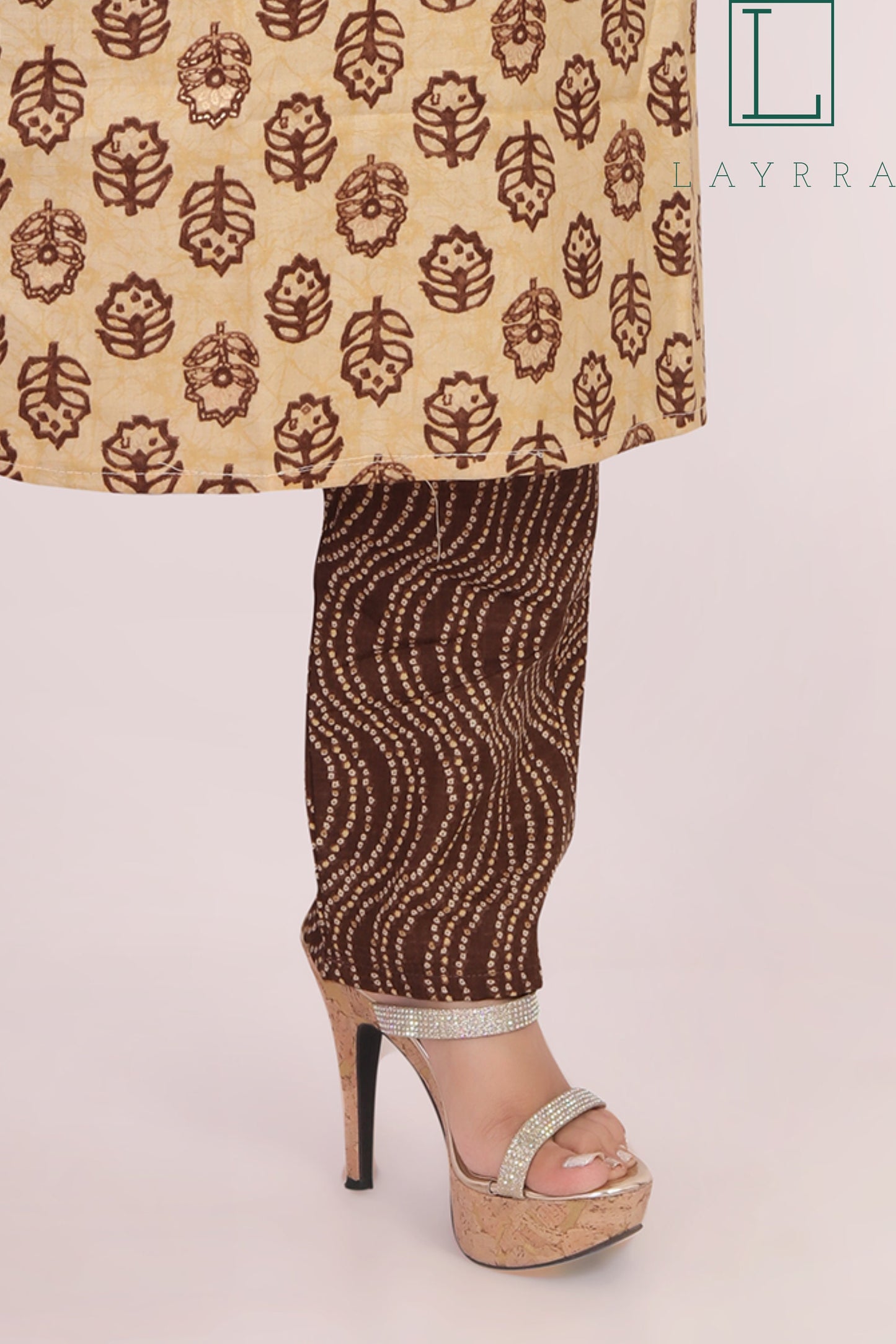 Women Brown and Mud Brown Motifs Print Mirror Work Kurta with Pants - Complete Set