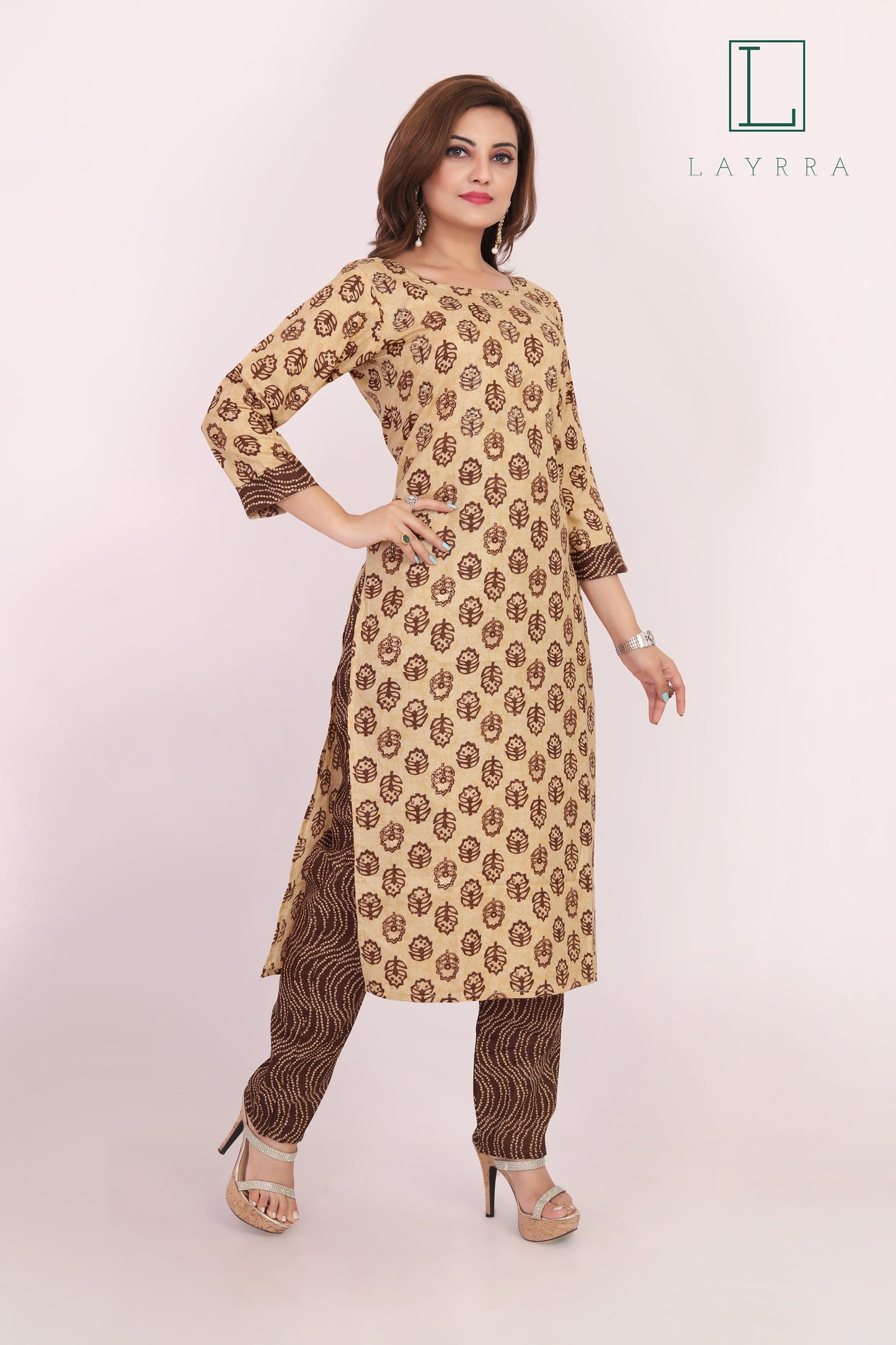 Women Brown and Mud Brown Motifs Print Mirror Work Kurta with Pants - Complete Set