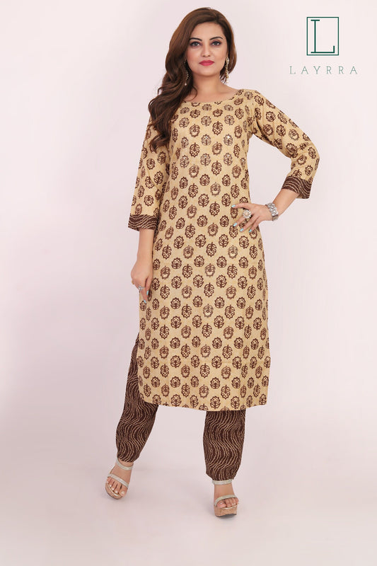 Women Brown and Mud Brown Motifs Print Mirror Work Kurta with Pants - Complete Set