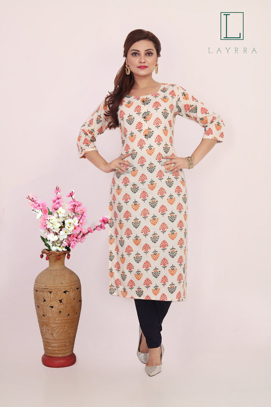 Women White and Orange Red Ethnic Floral Print Kurta with Trousers