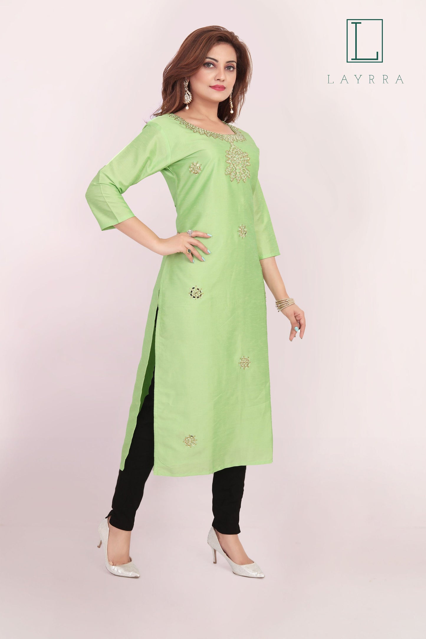 Women Pista Green Ethnic Motifs Mirror work Kurta with Trousers