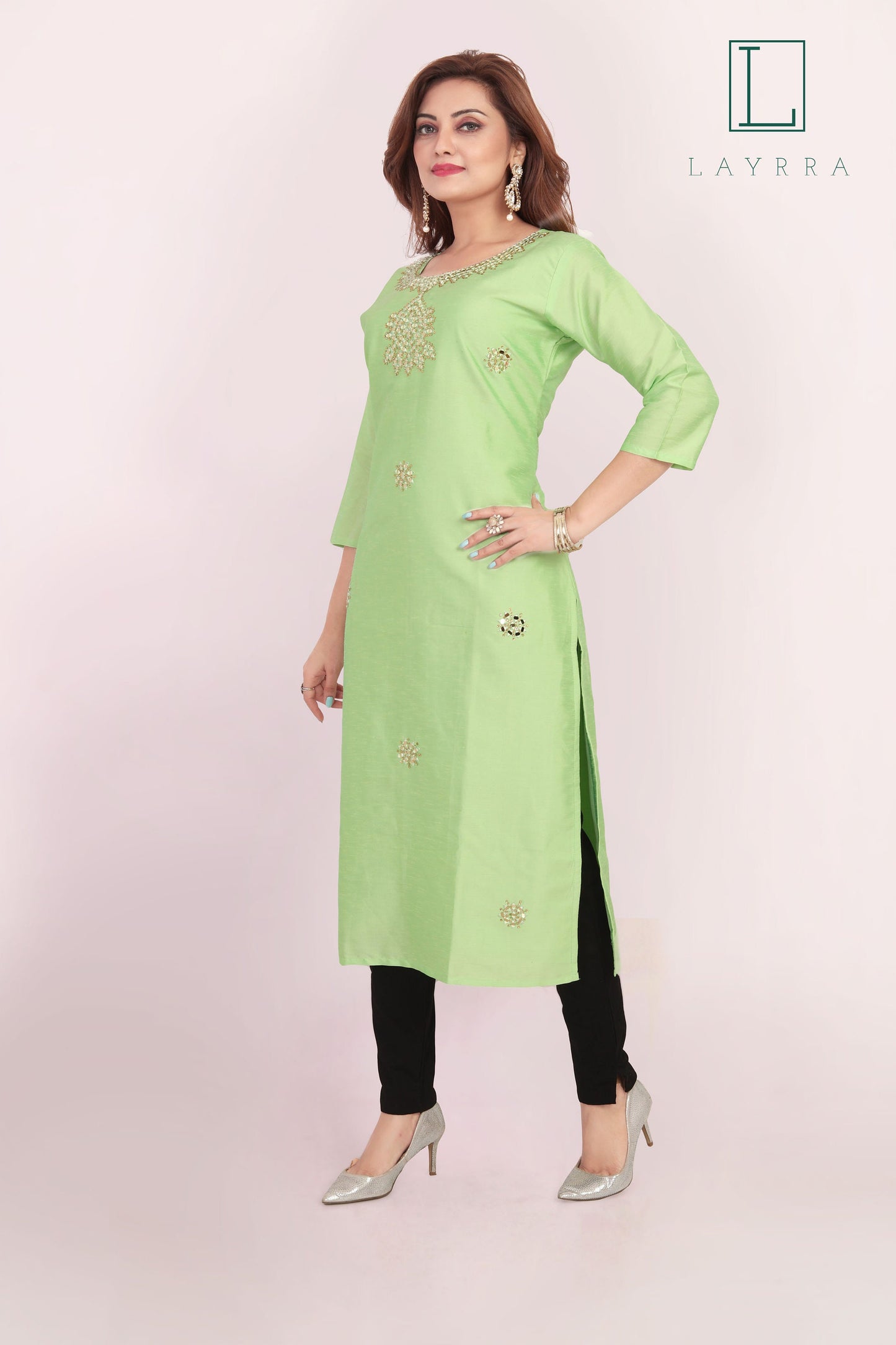 Women Pista Green Ethnic Motifs Mirror work Kurta with Trousers