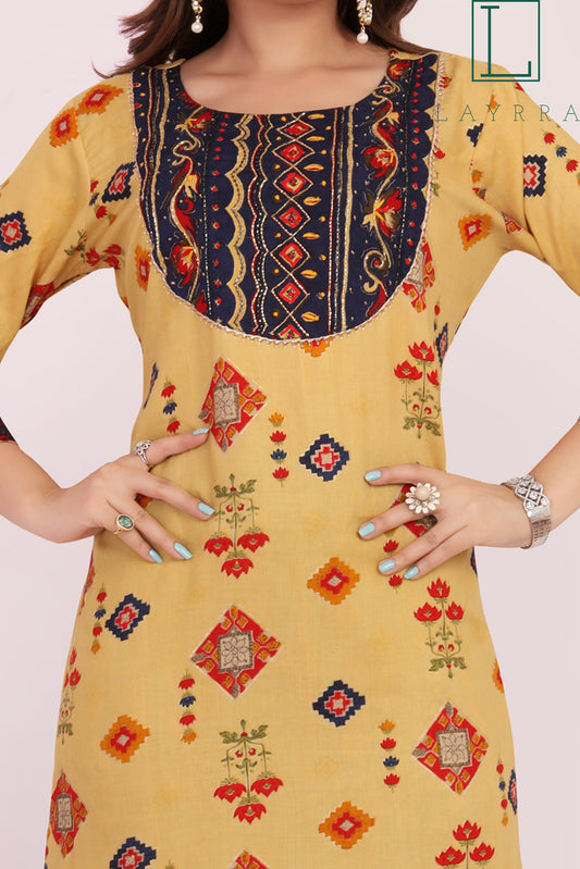 Women Yellow Ethnic Abstract Print Kurta with Pants - Complete Set