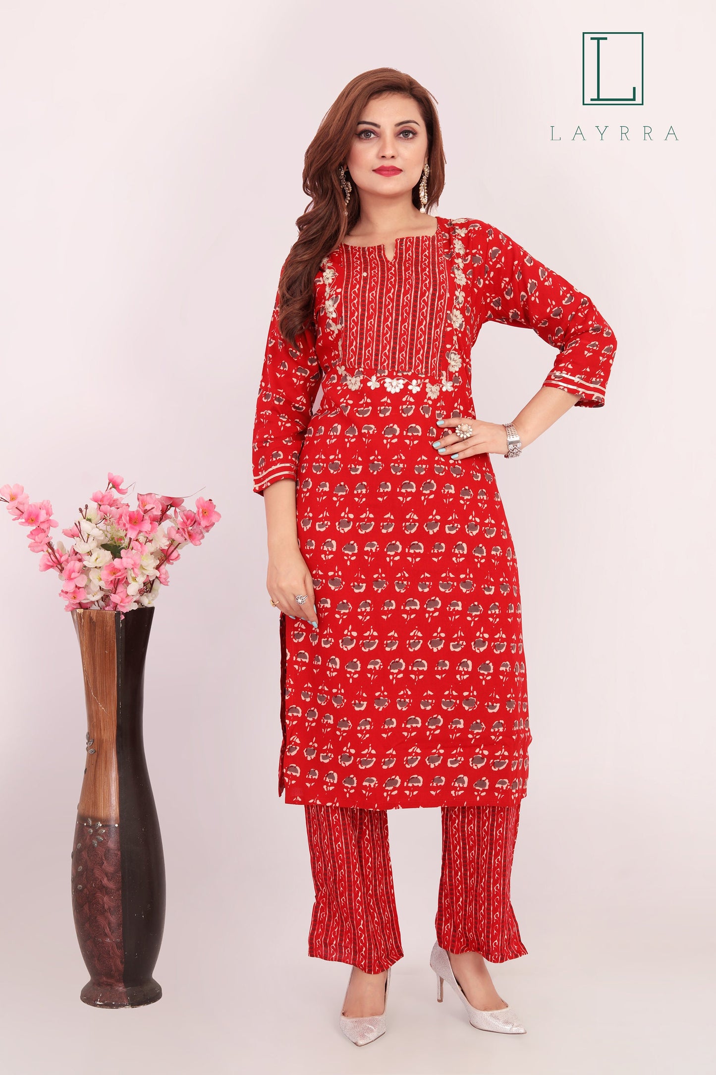 Women Red Ethnic Motifs Print Floral Embroidered Kurta with Palazzos - Complete Set