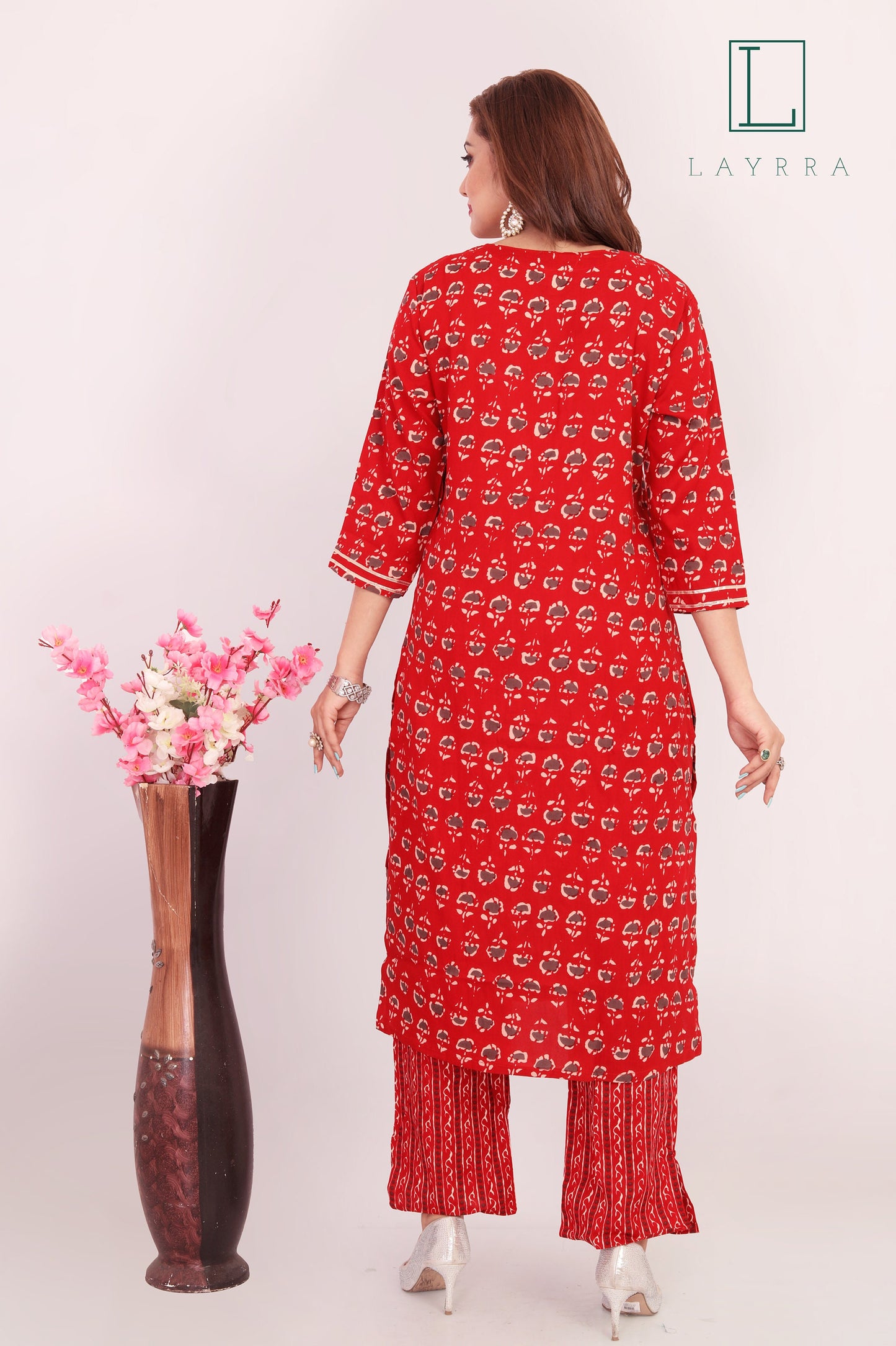 Women Red Ethnic Motifs Print Floral Embroidered Kurta with Palazzos - Complete Set