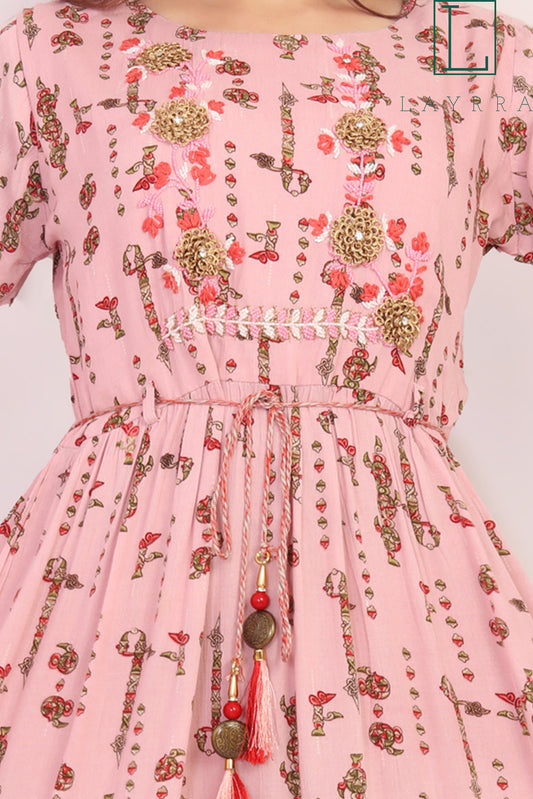 Women Light Pink Ethnic Embroidered Anarkali Kurta with Latkan - Complete Set