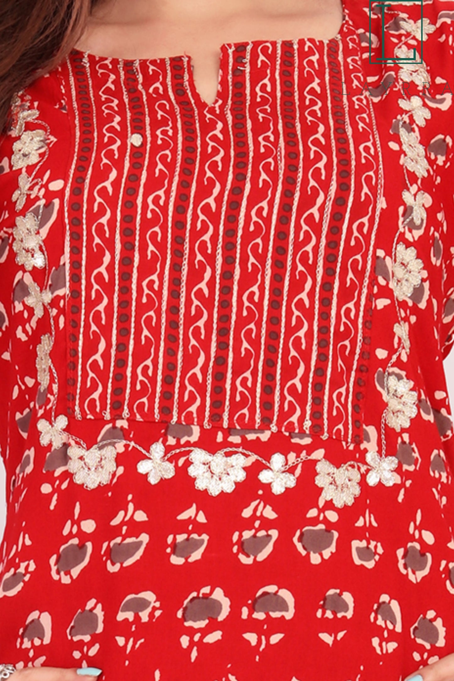 Women Red Ethnic Motifs Print Floral Embroidered Kurta with Palazzos - Complete Set