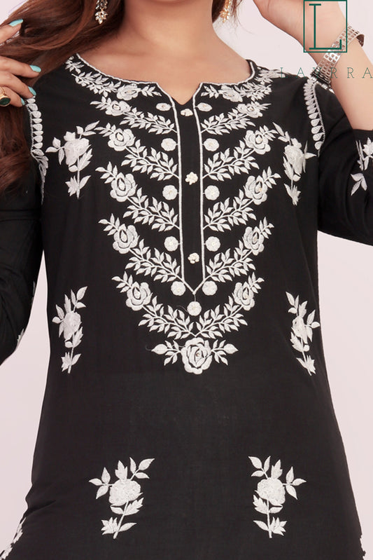 Women Black and White Ethnic Floral Embroidered Kurta with Palazzos - Complete Set