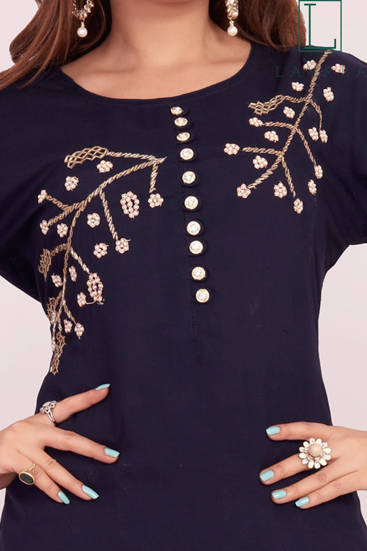 Women Navy Blue & Gold Ethnic Embroidered Kurta with Gold Motifs Print Palazzos - Complete Set