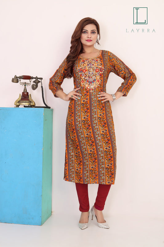Women Orange & Brown Ethnic Floral Embroidered Mirror work Kurta with Trousers