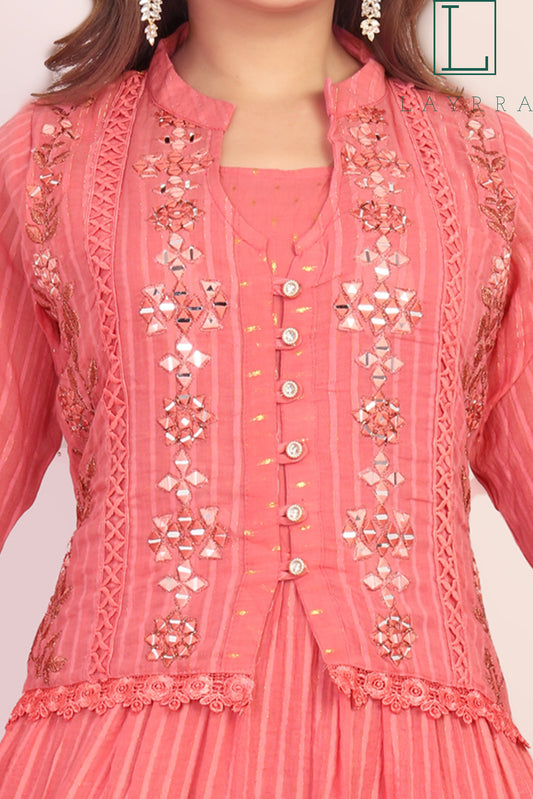Women Pink Ethnic Koti Style Embroidered Anarkali Kurta - Complete Set