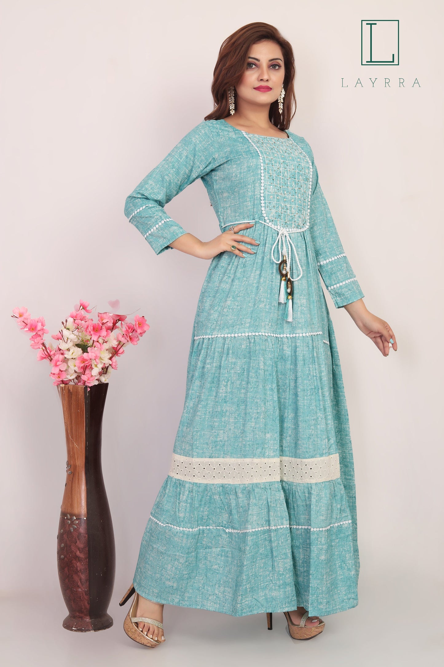Women Water Leaf Green Ethnic Embroidered Anarkali Kurta with Latkan - Complete Set