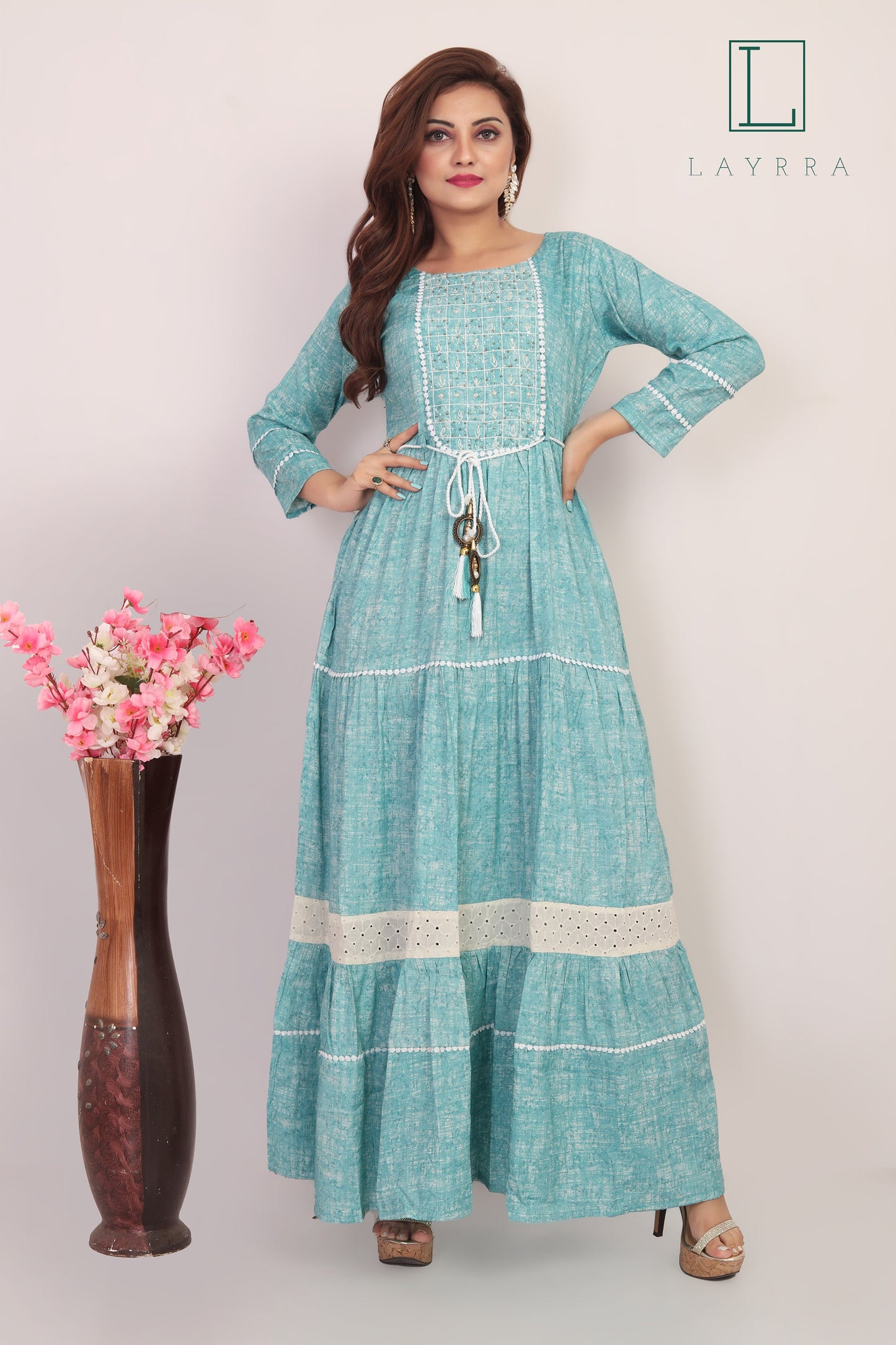 Women Water Leaf Green Ethnic Embroidered Anarkali Kurta with Latkan - Complete Set