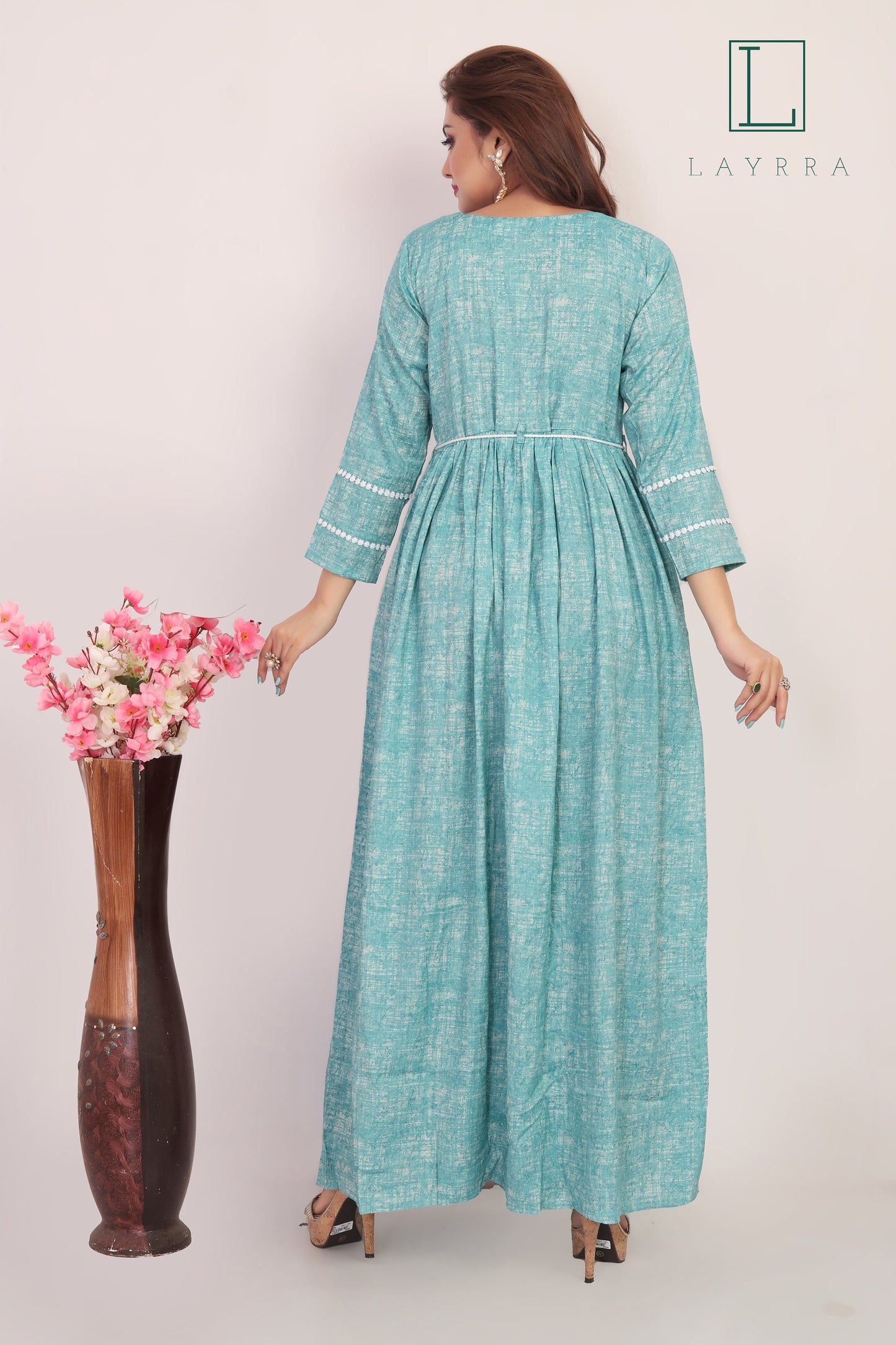 Women Water Leaf Green Ethnic Embroidered Anarkali Kurta with Latkan - Complete Set
